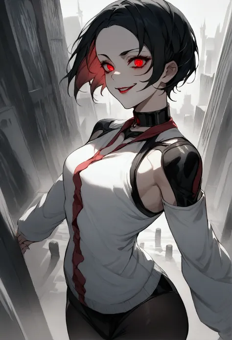 standing,alone,short hair,work of art,face detailed,young fitness linda,Wearing black pantyhose,white sweater ,neckleace,evil smile,red eyes glowing,labiaa,eye shadow,bangs on the eyes,hands to after city