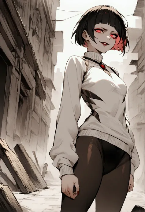 standing,alone,short hair,work of art,face detailed,young fitness linda,Wearing black pantyhose,white sweater ,neckleace,evil smile,red eyes glowing,labiaa,eye shadow,bangs on the eyes,hands to after city