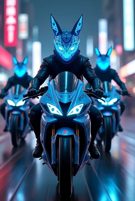 Motorcyclists with Suzuki motorcycle with blue Kitsune mask, anime styling 
