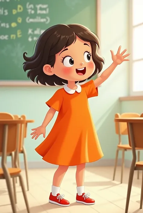 an image of a little girl, front view, full body in an orange dress with different movements with hand , inspired by Mario Comensoli, a screenshot, behance, in school or classroom, children illustration, kids book illustration, childrenbook illustration, i...