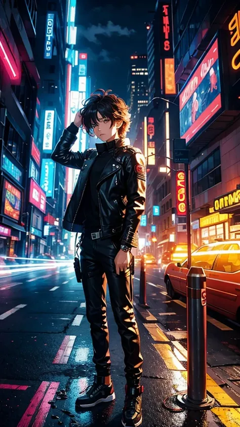 "Describe a young hero with messy hair and a bright leather jacket., tour around a futuristic 80s style city. The city is filled with flashy neon, flying car, and robots with retro designs. This hero has a laser weapon that is similar to the design from th...