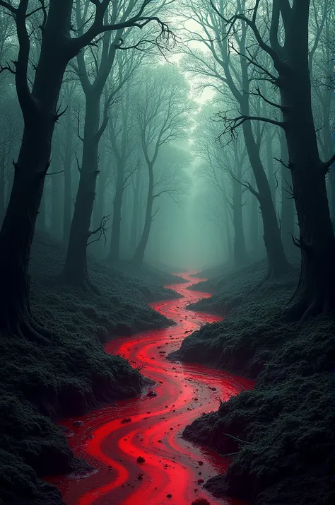 Create images of rivers of blood in the middle of the forest 