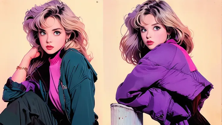 (Highest quality:0.8)、(Highest quality:0.8)、Very detailed、Analog illustration、、masterpiece、Highest quality、Full body portrait of a woman、1990、Comic Strip、Art Illustration、blonde、sexy、Purple Suit、Sit facing forward