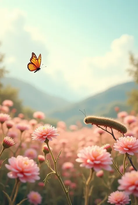 a beautiful field of pink flowers, a butterfly flying prominently, a caterpillar on a branch, intricate details, vibrant colors, natural lighting, photorealistic, cinematic composition, 8k, HDR, high quality, masterpiece