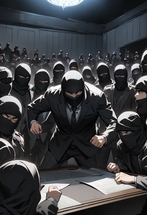 Fighting at government table, many terrorists, black balaclava, black tuxedo, night, dark room