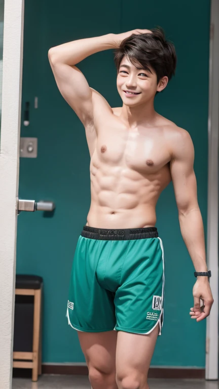 Japanese men、15 years old、Well-developed muscles and smooth skin、Fluffy green hair、Boxer briefs、You can see the whole body from head to toe、Smiling softly、Hero Academy