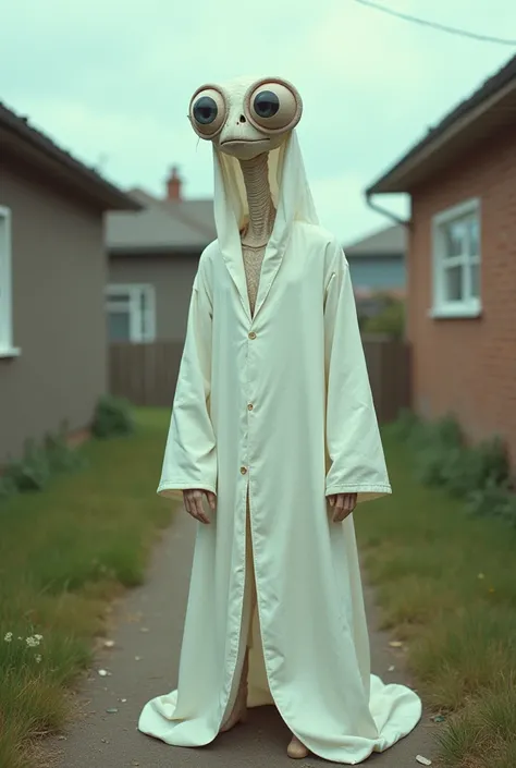 humanoid in white robe, long neck, very large eys, in a neighborhood, pastel colors, surreal atmosphere, raw photo, 35mm