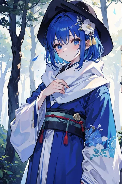 Walking through a forest shrouded in white mist、With short blue hair and wearing a kimono、A boy wearing a black scarf