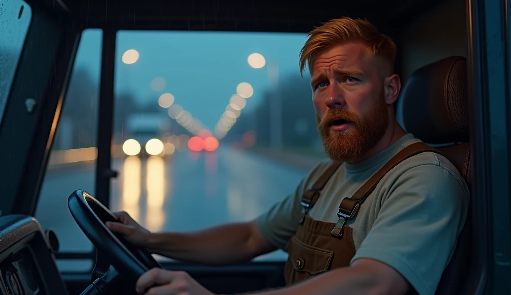 Create an image of the interior of a cargo truck, with a character driving it, a 37-year-old man, blond with blue eyes, short beard, wearing brown overalls. the character must be looking at traffic, driving looking tired, yawning, sleepy and rubbing their ...