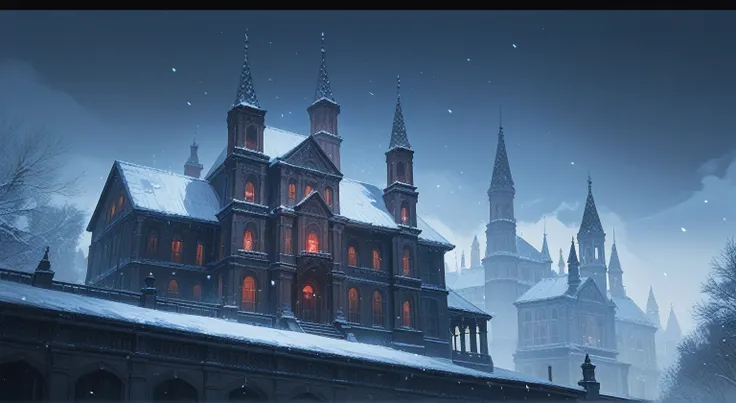 Gothic architecture，snowstorm，villa，Concept map，High Detail，Scenery，Highest quality