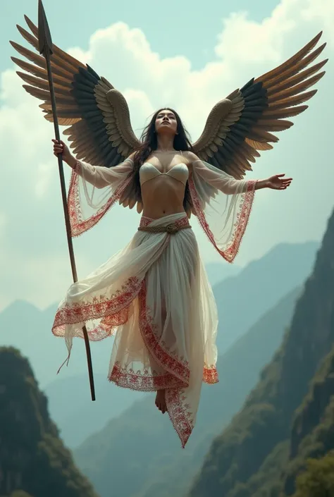  
Naked, nude, topless, A woman wearing a ransparent shawl made of used plastic, large and sexy breasts, super sexy, beautiful, with wings like Indonesian garuda, holding a spear, wearing a very long white skirt with pattern red and white colour with red a...