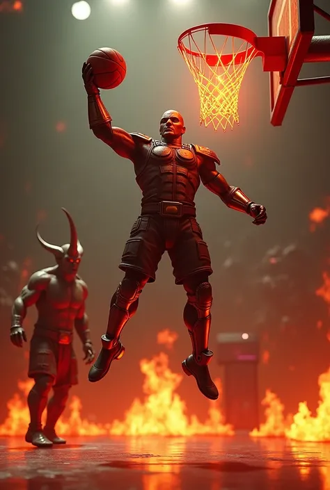 CGI effect of the masked ranger from “Doom-Eternal game” scoring an impressive jumping shot in basketball through a flaming hoop, as the horned muscular cacodemon watches below in anger. Hellish fiery Doom enemies are watching the match, high-resolution 3D...