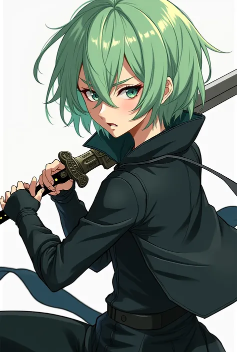 Nam is 17 years old, light green hair, black half body jacket, ,wearing a leg sword 