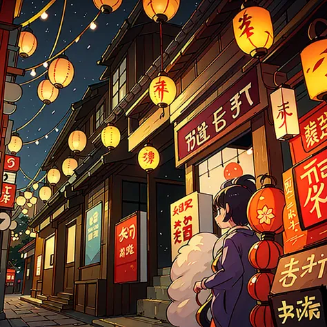 Japanese street at night, lots of lanterns. In the style of anime 90s.