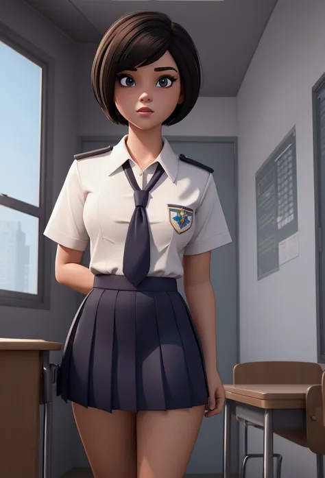 3D cartoon image of a girl wearing a school uniform, short hair