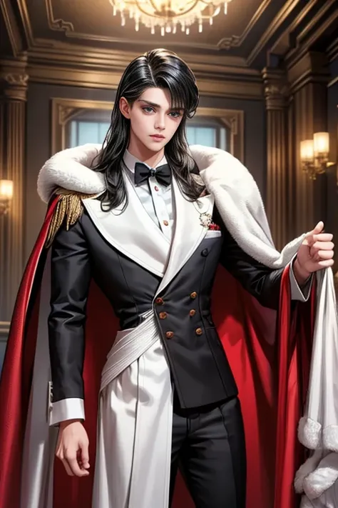 
masterpiece, 最high quality, high quality, 1 boy, alone, Male focus, Watching the audience,  Messy black hair, Adorable big blue eyes, White, Noble, Noble,A sexy, voluminous, puffy cape、tuxedo、A very voluminous, large, very large, very large, long, long re...