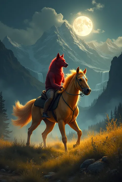 Create an image with following things
In a full moon night with a pure  red wolf riding a yellow horse back on the green golden grass with mountains as bacground and white milk falling from mountains 
Its a  dark night with moon glowing 