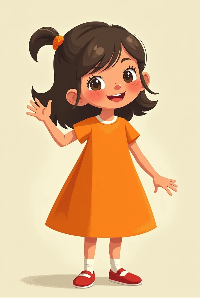 an image of a little girl, front view, full body in an orange dress with different movements with hand , inspired by Mario Comensoli, a screenshot, behance, in school or classroom, children illustration, kids book illustration, childrenbook illustration, i...