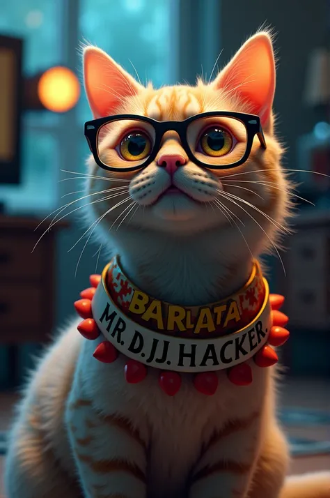 A cat is sitting in eye glasses and different kinds of light are shining on its ears and glasses. And Baralata looked very beautiful. And Baral was sitting and watching TV. And he had various kinds of furniture in his possession. And Biralta had a garland ...