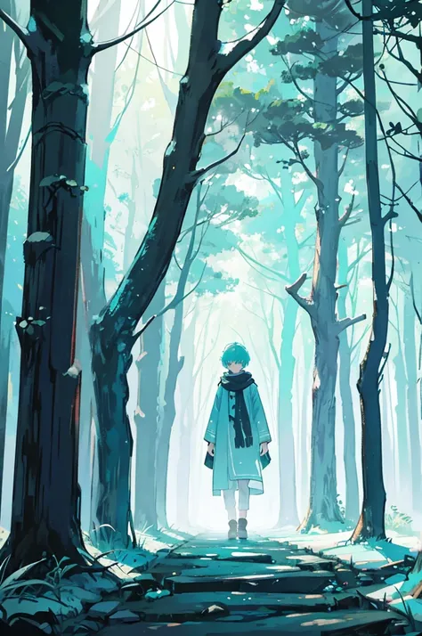 Walking through a forest shrouded in white mist、With short, aqua-colored hair and a lantern in one hand、A boy wearing a black scarf