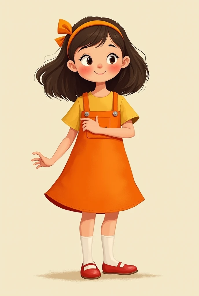 an image of a little girl, front view, full body in an orange dress with different movements with hand , inspired by Mario Comensoli, a screenshot, behance, in school or classroom, children illustration, kids book illustration, childrenbook illustration, i...