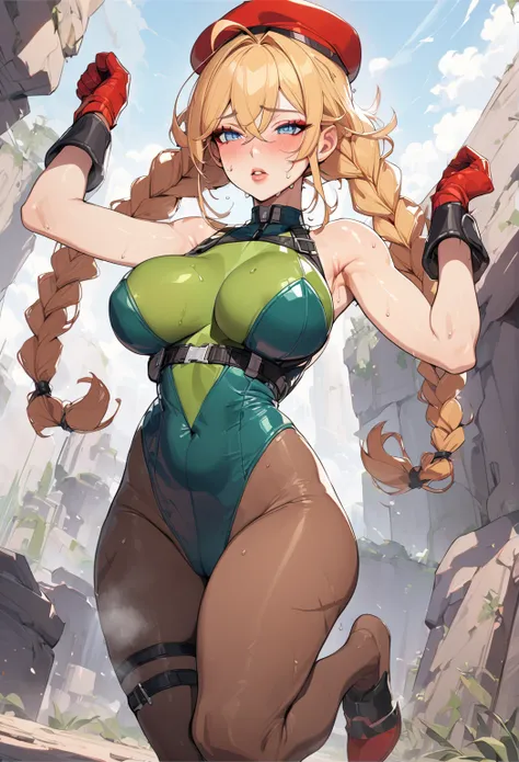 masterpiece,best quality,extreme detail,8k,cammyfn, 1girl, solo, long hair, breasts, blue eyes, blonde hair, large breasts, gloves, red hat, braid, ahoge, twin braids, leotard, lips, makeup, beret, scar, antenna hair, nose, harness, huge ahoge, green leota...