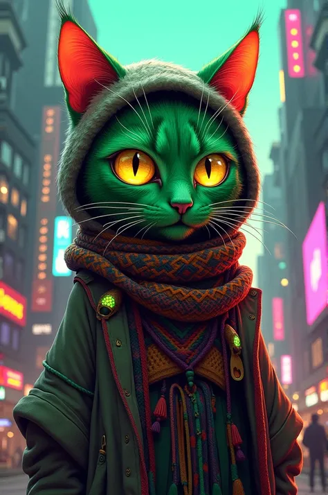 Create a cyberpunk-style drawing of a green cat wearing traditional Peruvian clothing.