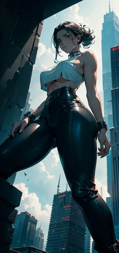 "A towering Giantess in a cool and laid back white tank top, and black leather pants. Her toned and athletic build hints at her massive strength. She seems to be casually strolling through the bustling cityscape of GTS City, as towering buildings loom over...