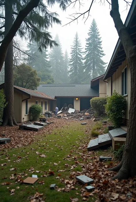 Backyard of a condominium devastated after plane crash. There is scattered debris, broken trees and an area clearly affected by the tragedy. Authorities and rescue teams are working at the scene.