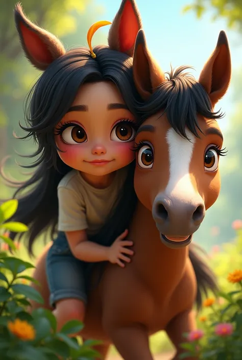  A mixed race teenager with her brown pony with a mischievous black mane 