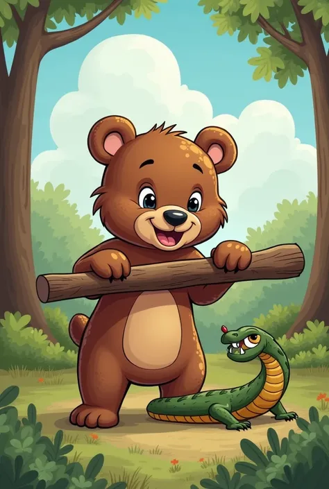 little bear hitting a snake with a log cartoon for a children&#39;s story





