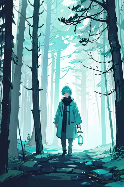 Walking through a forest shrouded in white mist、With short, aqua-colored hair and a lantern in one hand、A boy wearing a black scarf