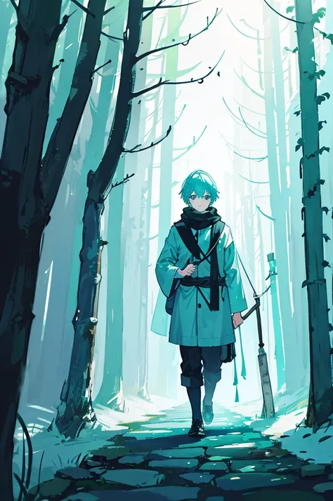 Walking through a forest shrouded in white mist、With short, aqua-colored hair and a lantern in one hand、A boy wearing a black scarf