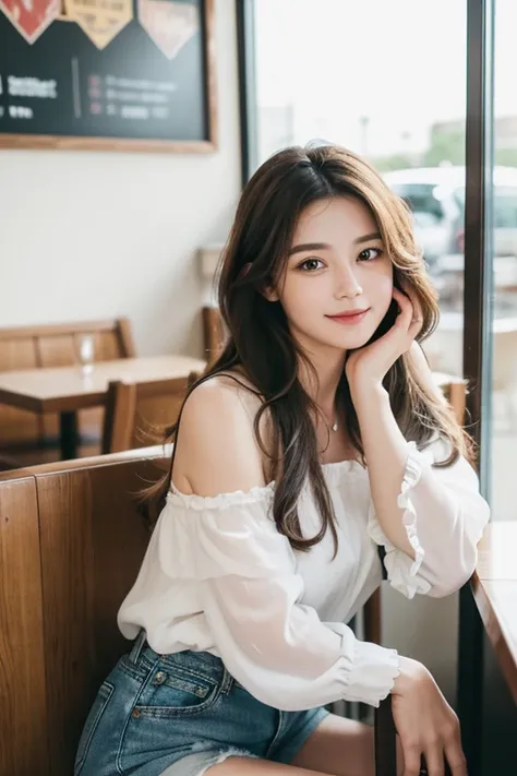 The image is a portrait of a young woman sitting on a bench in a restaurant. She is wearing a white blouse with ruffled sleeves and denim shorts. Her long brown hair is styled in loose waves and falls over her shoulders. She has a serious expression on her...