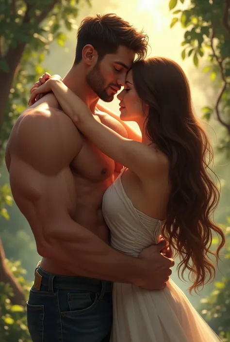 image of a well-built adult man hugging a beautiful long-haired woman from behind, they look affectionate and romantic