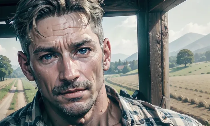 [((highly detailed, detailed eyes, detailed face, clear and realistic facial features, photorealistic, realistic light, cinematic)), ((((1 man)))), Mark is a handsome and alluring slender but muscular male farmer father aged 45 with short blond hair and a ...