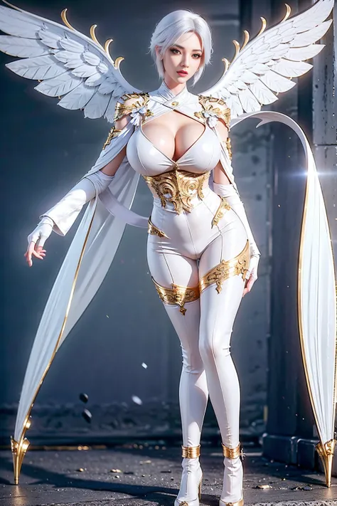 8K, HDR, Extremely realistic textures, Sharp texture, high resolution, best quality. whole body, slim, (slim), tall and big, short hair, White hair, white body stockings, Wearing pants,Gold high heels,  Gloves，Standing，Legs open，Keep your chest up