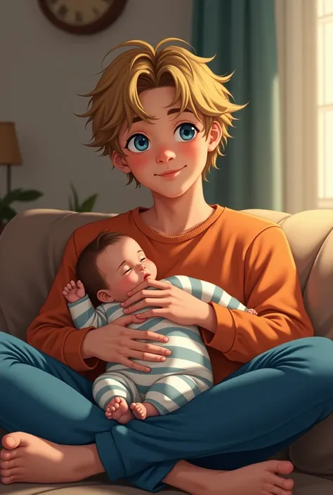 A handsome male with deep blue eyes, a round face, and 90s long dirty blonde hair. Dressed sporty. He is sitting on a couch with his legs crossed (round face) He is holding a cute baby on his lap.