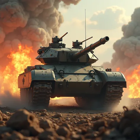 Armored Tank, fire, anime realism, cinematic still, dynamic movement, surreal, game scene, (best quality, masterpiece, photorealistic), very aesthetic, perfect composition, intricate details, ultra-detailed, vivid colors