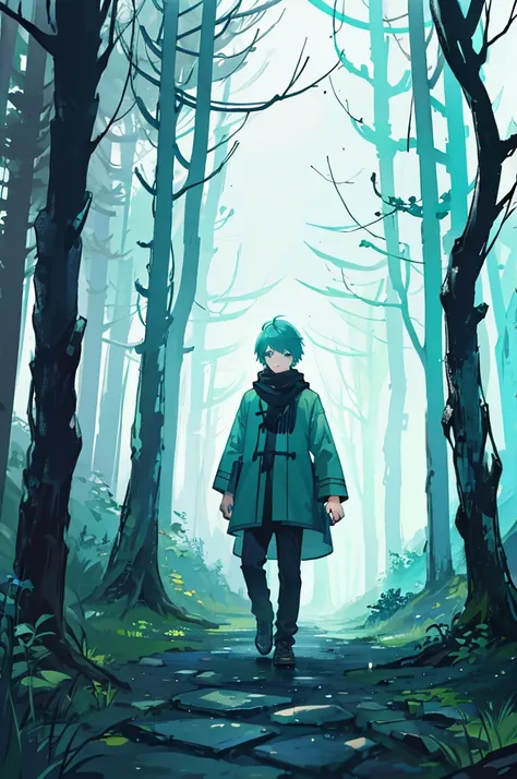 Walking through the misty forest、With short, aqua-colored hair and a lantern in one hand、A boy wearing a black scarf