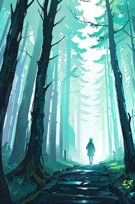 Walking through the misty forest、With short, aqua-colored hair and a lantern in one hand、A boy wearing a black scarf