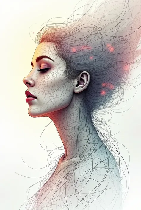 "Create a surrealistic line art piece featuring the abstract form of a beautiful woman. Her figure is composed entirely of flowing, intertwined lines that weave in and out, forming a delicate and ethereal silhouette. The lines vary in thickness, some bold ...