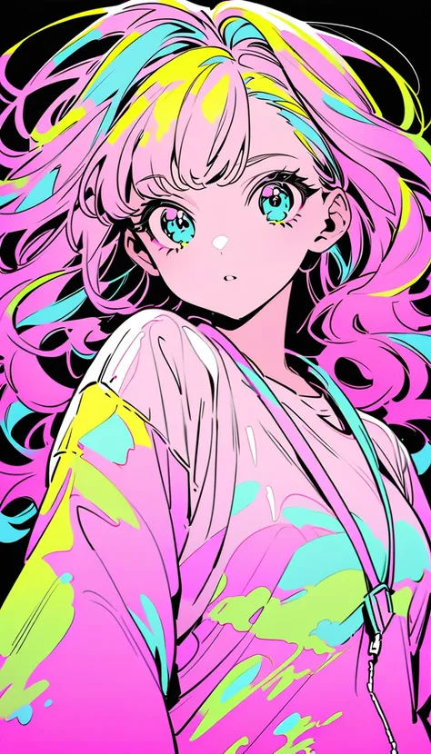 (Highest quality:1.2, City Pop Style, Very detailed, up to date, Vibrant, High Contrast, masterpiece:1.2, Highest quality, Best aesthetics), girl, ((Face Up Shot:1.4)), Colorful Hair, Long Hair, pastel colour, White shirt, 1980s style, ((Retro, Vintage, Pl...