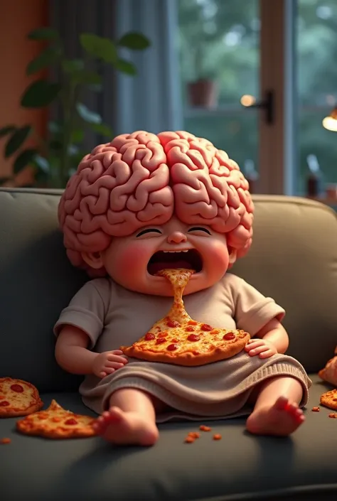 create a fat, tired, and super sad brain eating pizza while lying on a couch, make the image animated