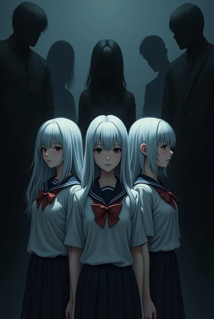 Make me a cover, black background, "with humanoid black shadows around", three girls in the middle, teenagers in school uniform, all three with white hair, different hairstyles, A girl with a bow , mysterious atmosphere 