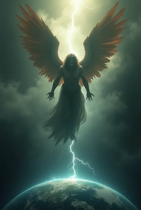 Show Lucifer and his angels falling from heaven, shrouded in shadows and lightning. They are in expressions of anguish and defeat. Earth appears below, dark and threatening, waiting to welcome them.