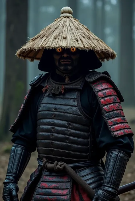 a samurai wearing traditional, weathered samurai armor with black and red accents. His face is partially hidden by his straw hat (kasa), in front of a clearing, on a scary night, and shadows appear around him.