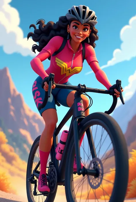 Create an animated image of a mulatto cyclist with curly hair, that the bike is a black mountain bike with pink details and that the suit is special for cyclists alluding to Wonder Woman with its respective colors, that it be long sleeved and that you use ...