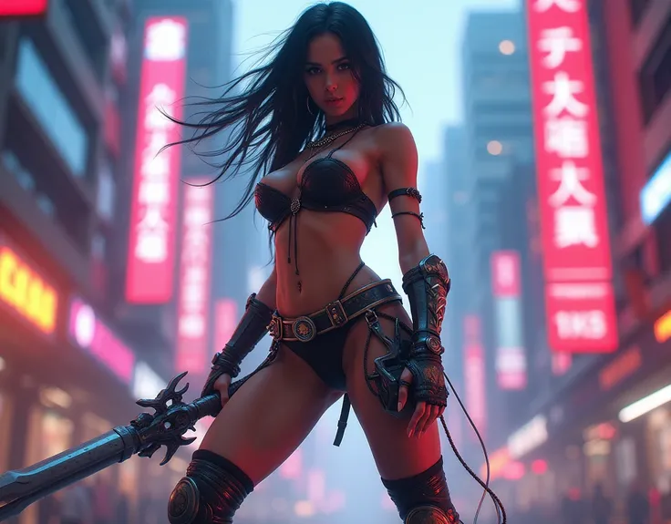 beautiful female, (((athletic body:1.2))), (((naked: 1.2))), (((full body: 1.1))), legs spread, looking at viewer, medium breasts, battle pose, futuristic guns as weapons, intricate jewellery, accessories, gauntlet, cityscape neon background, cinematic, mo...