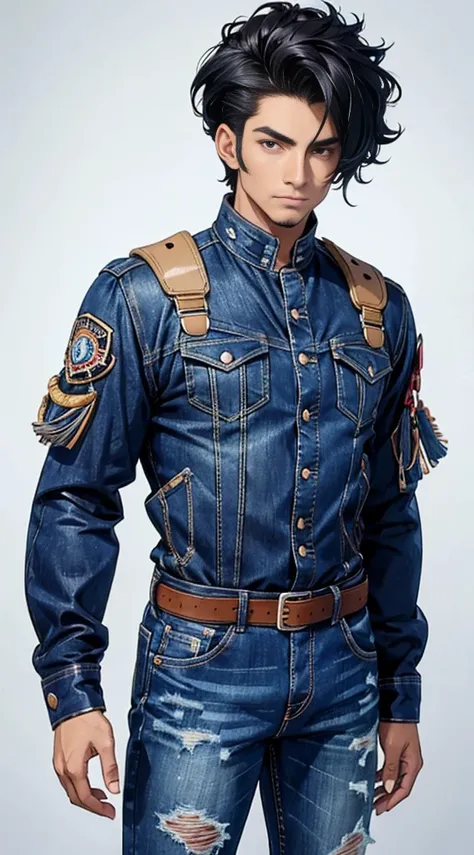 (best quality:1.1),original, 1man,  A handsome man with medium skin, native American man with natural hair, short hair, Pumped Slick Back, broad shoulders, tall, masculine, dressed in blue urban clothes and demin jeans, cartoon，anime illustrations, style i...